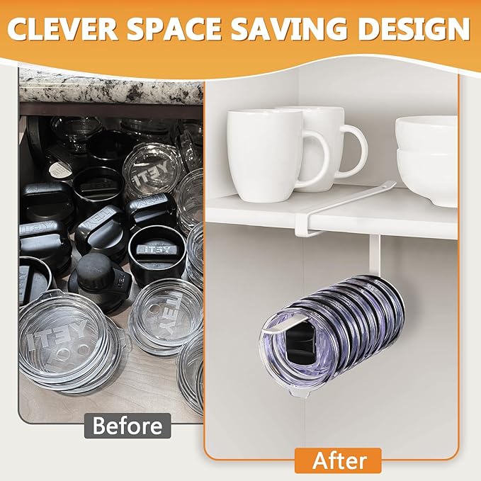 Tumbler Lid Organizer 2 Pack Tumbler Lid Storage Hook Up to 20 Lids, Space Saving Cup Lid Organizer Under Cabinet Tumbler Lid Hanger for Kitchen Storage, Horizontal Paper Towel Hanger (White)