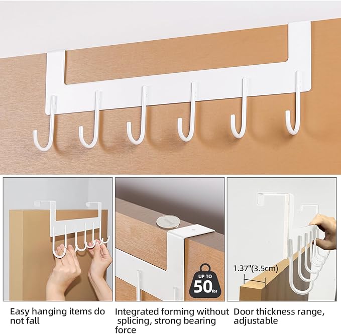 Over The Door Towel Rack, Over The Door Hooks,Heavy Duty Metal Over The Door Hanger, Door Hooks for Hanging Coat, Towel, Bag, Robe - 6 Hooks(Matte White 2Pcs)