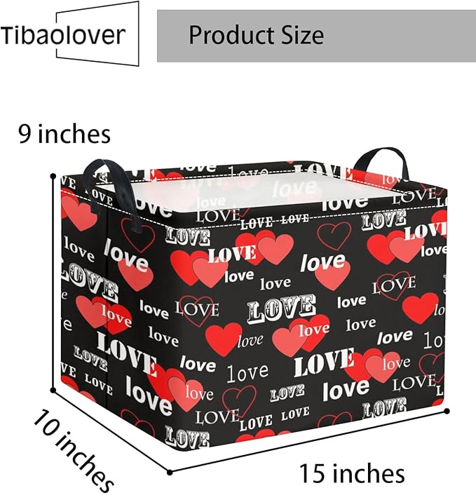 Rectangular Valentines Basket for Home Kitchen Girls Cute Kids Storage Bin Organizer Shelf Book Room Decor(Black Red Love)