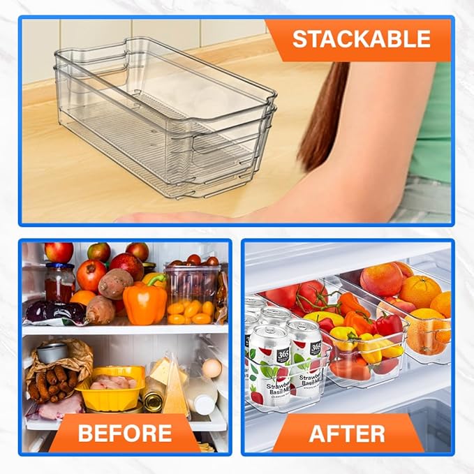 Lifemaster Multi-purpose Refrigerator Bins - 14 pieces Usable and Stackable Design Fridge Bin Organizer with Easy Grip Handles - Clear