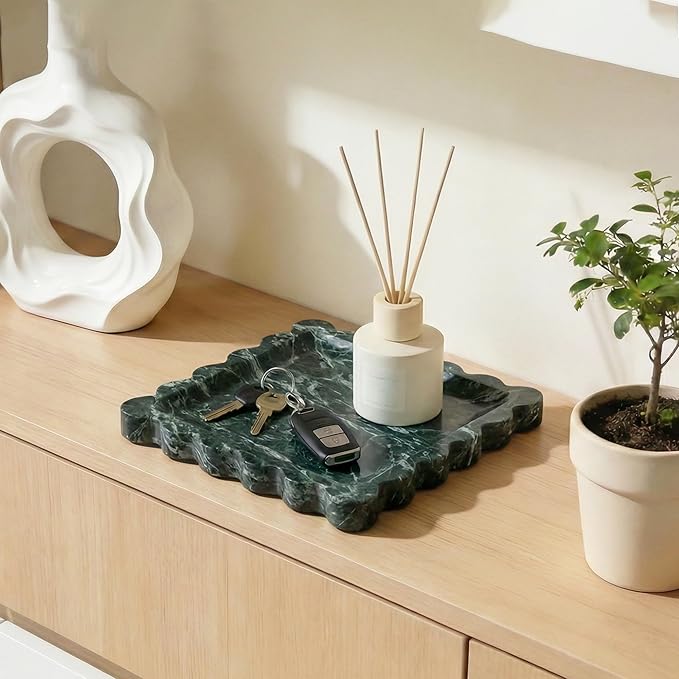 Elegant Square Marble Decorative Tray with Scalloped Edge Natural Stone Vanity Tray Organizer for Counter, Vanity, Dresser, Nightstand, Bathroom & Kitchen Sink(Verde Alpi Green)