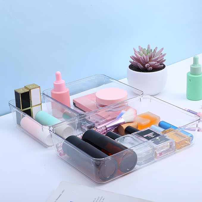 Clear Drawer Organizer, 12 Pack Large plastic Set, 3 Size Versatile Bathroom and Clear organizer bins,Vanity Organizer Trays, Storage Bins for Makeup, Bedroom, Kitchen Utensils
