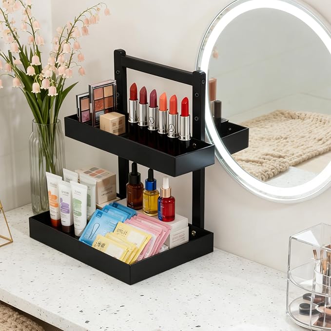2-Tier Under Sink Pull Out Organizer, Bamboo Cabinet Storage Shelf with Adjustable Height, 9 Inch White Slide Out for Kitchen Bathroom Pantry Black