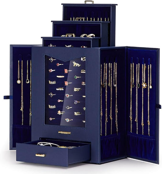 Homde Jewelry Organizer with Transparent Window Necklace Hooks Gift for Women Jewelry Box Display Case for Necklaces Rings Earrings Bracelets and Other Accessories (Dark Blue)