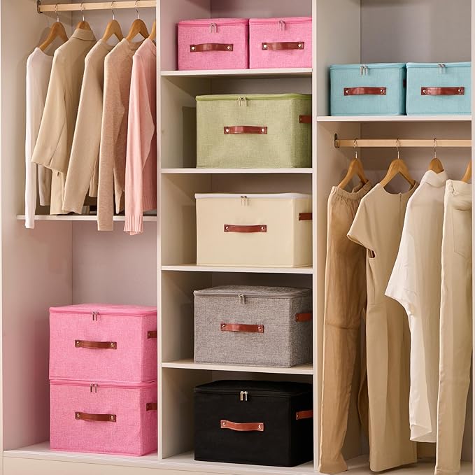 3PCS Storage Bins Boxes with Zippered Lids Cotton Linen Fabric Decorative Basket PU Leather Handles PP Plastic Board Foldable Lidded Clothing Shelf Closet Organizer Container (Blue, Small)