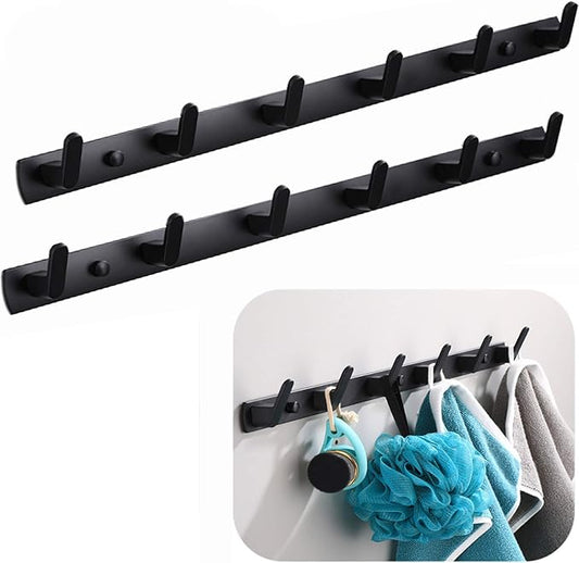 Wall Mounted Coat Racks with 6 Hooks Hanging Holder Towel Rack 21.7"x1.3" Modern Black Hanging for Clothes Entryway Bathroom (6 Hooks(2 Packs))