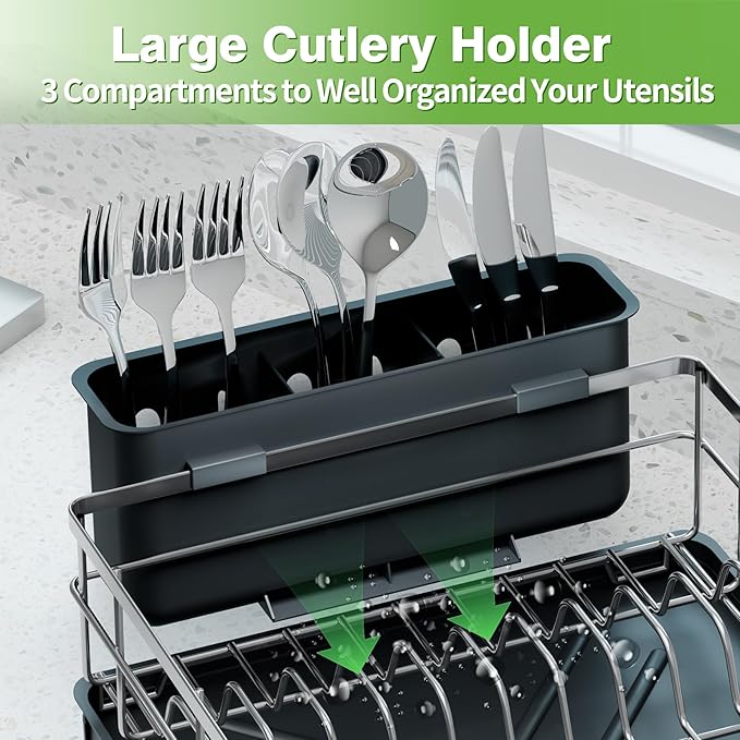 Dish Drying Rack - Space-Saving Dish Rack for Kitchen Counter with Removeable Cutlery Holder,Rustproof & Sturdy Auto-Drain Organizer for Plates,Cups,Knife,Silvery