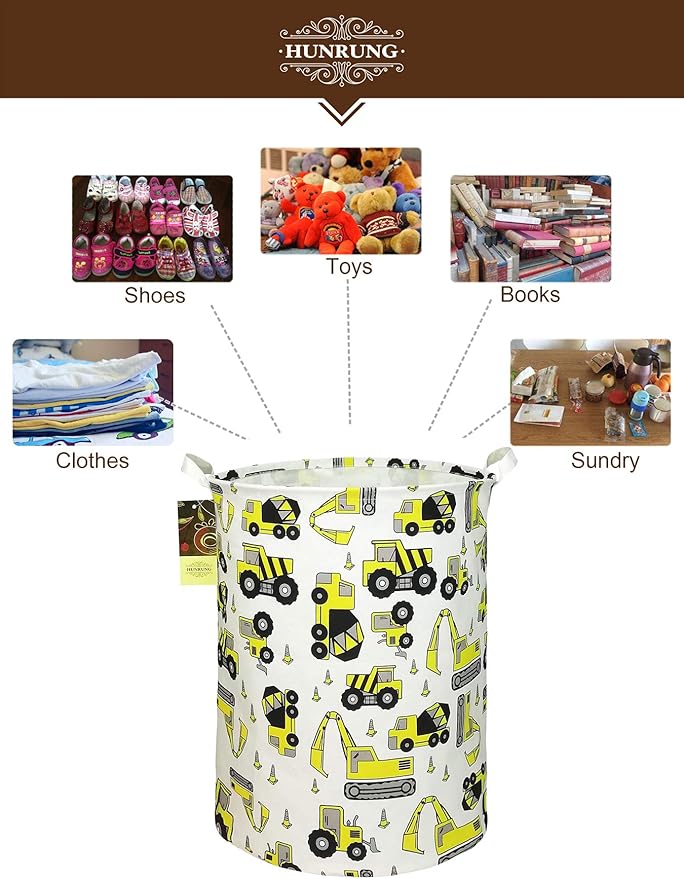 HUNRUNG Laundry Hamper,Large Canvas Fabric Lightweight Storage Basket Toy Organizer Dirty Clothes Collapsible Waterproof for College Dorms, Children Bedroom,Bathroomï¼Round Engineeringï¼