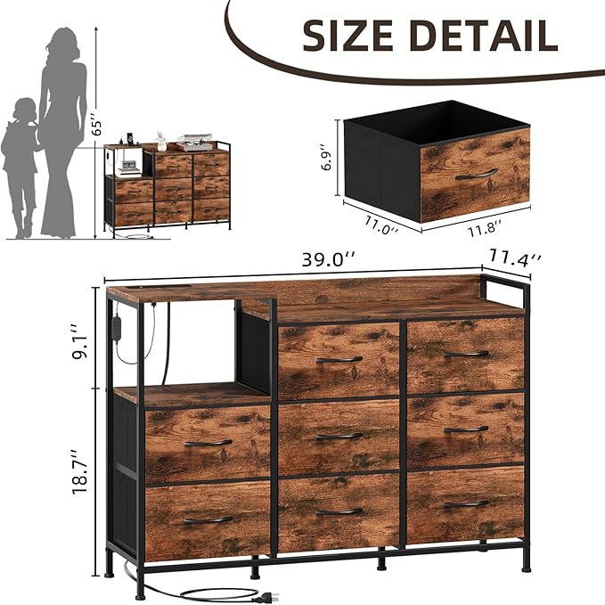 Somdot Dresser with Charging Station and Open Shelves,Dresser for Bedroom with 8 Drawers,Storage Cabinets Organization Units for Living Room,Hallway, Sturdy Metal Frame,Wood Top,Wood Grain Print