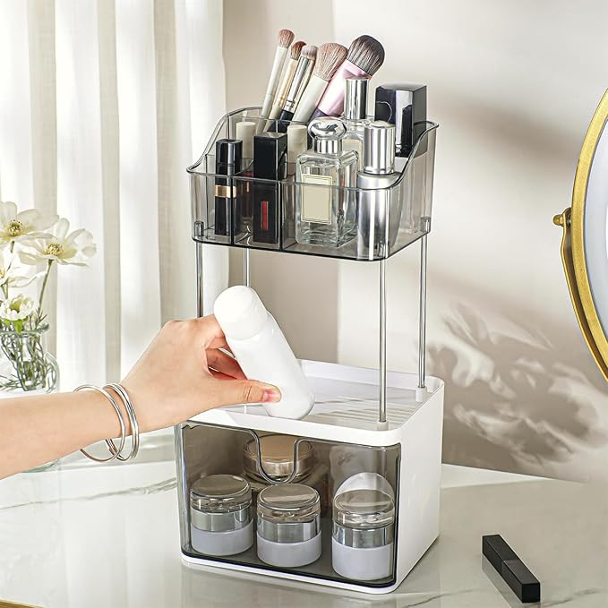 FORUP Makeup Organizer for Vanity, 2-Tier 1-Drawer Bathroom Counter Organizer, Multi-Purpose Vanity Organizer, Skincare Perfume Organizers for Vanity Bathroom Countertop, Grey