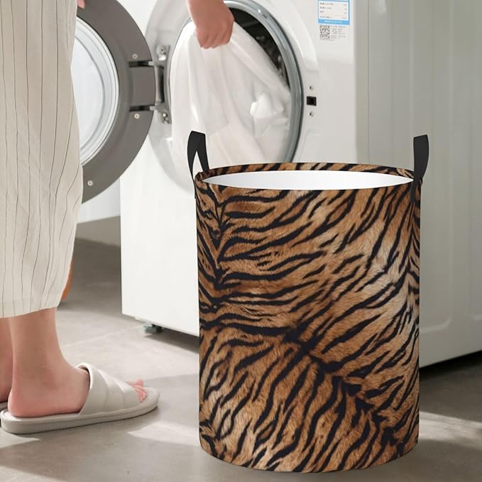 Tiger Texture Round Laundry Hamper Natural Animal Skin Print Storage Basket Toys Clothes Organizer Bin For Home Bathroom Bedroom Dorm Nursery, 62l