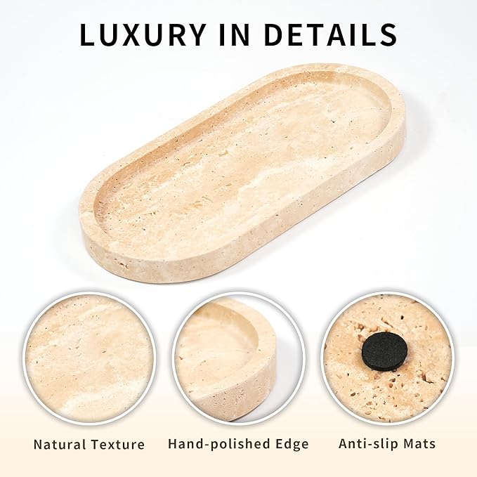 Travertine Marble Oval Tray - Stone Decorative Perfume Trinket Jewelry Dish, Catchall Organizer for Bathroom Vanity Dresser Kitchen Countertop Home Decor