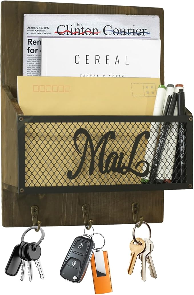 Key and Mail Holder for Wall, Farmhouse Mail and Key Organizer, Wood Mail Sorter with 3 Key Hooks for Doorway Entryway Hallway, Brown