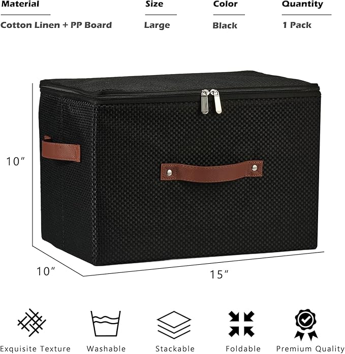 Storage Bins with Lid Fabric Storage Box Basket PU Leather Handle Textured Woven Cotton Linen Decorative Foldable Washable Shelf Closet Organizer Container (Zipper Lid, Black, Large)