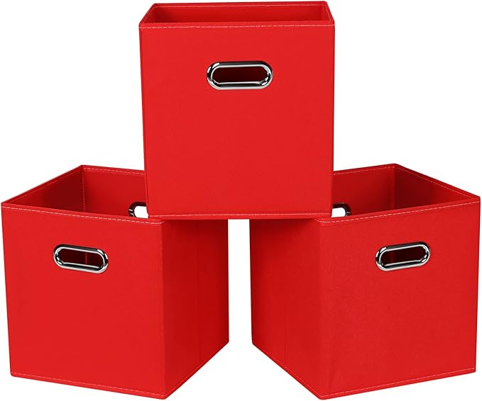 STOREONE 13 Inch Cube Organizer Bins ,Black Fabric Storage Bins，Foldable Storage Bins Basket with Dual Handles Fabric Organizer Bins and Storage Box，Set of 3,Red