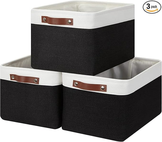 HNZIGE Large Storage Baskets (3 Pack) - Fabric Bins with Leather Handles, Foldable for Organizing Clothes, Toys (Black & White, 15" x 11" x 9.5")