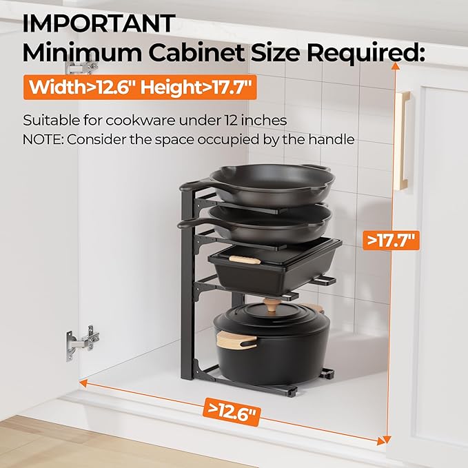 MUDEELA Pots and Pans Organizer under Cabinet 15.75" Tall, 4-Tier Heavy Duty Pan Organizers inside Cabinet Kitchen Storage, Adjustable Pot Rack Holds up to 88 LB Cast Iron Skillets Shallow Cookware