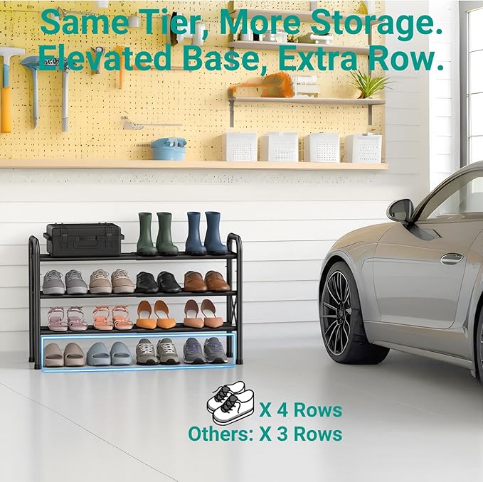 3-Tier Expandable Shoe Rack for Closet Floor, X-Frame Metal Small Shoe Rack for Entryway, Adjustable Shoe Shelf Organizer, Free Standing Shoe Racks for Front Door Entrance, Garage - Black