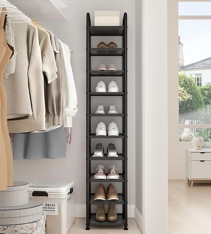 STO STO 10-Tier Narrow Shoe Rack with Sturdy Mesh Shelves, Slim Tall Metal Shoe Organizer for Entryway, Closet, Hallway, Holds 10 Pairs, Vertical Free Standing Shoe Storage Shelf, Black