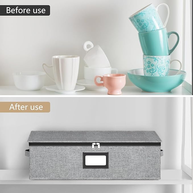 homyfort Coffee Mug Storage Box Organizer with Dividers, China Tea Cup Storage Containers Hard Shell, Service for 24 Coffee Mugs or Tea Cups (Grey)