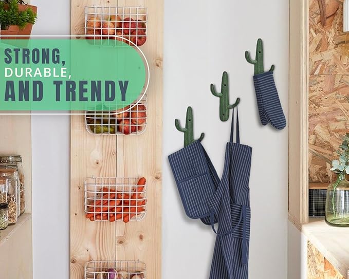 Comfify Set of 3 Hooks Cast Iron Cactus Double Wall Mounted Hooks/Hangers - Decorative Wall Mounted Hooks for Coats, Bags, Towels and More - w/Screws and Anchors Included - Rustic Green