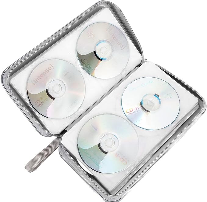 CD Case, Siveit DVD Case Holder 96 Capacity Hard Plastic CD DVD Disc Cases Storage Binder Wallet for Car Home Office Travel (Grey)
