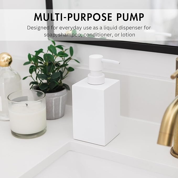 Matte White Square Soap Dispenser for Kitchen & Bathroom – 15 oz Refillable Resin Pump Bottle for Dish Soap, Hand Soap, Shampoo, Conditioner – Modern Countertop Dispenser with Non-Slip Protective Pads