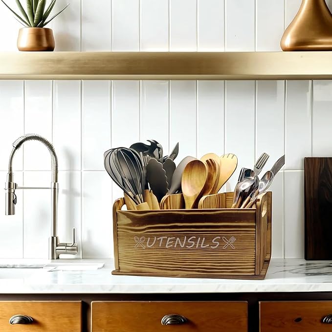 Utensil Holder Rustic Wood White Large Farmhouse Spatula Organizer for Kitchen counter Farmhouse,Countertop,Cooking Tools Storage (Wood)
