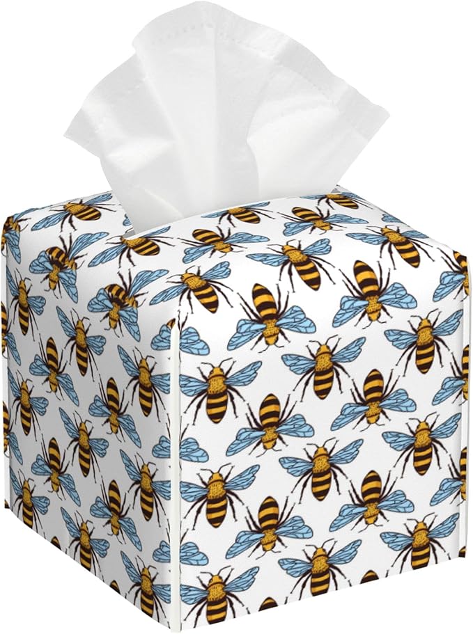 Honey Bee Tissue Box Cover Leather Tissue Box Holder Square Facial Paper Organizer Dispenser for Bathroom Kitchen Bedroom Vanity Countertop Night Stands