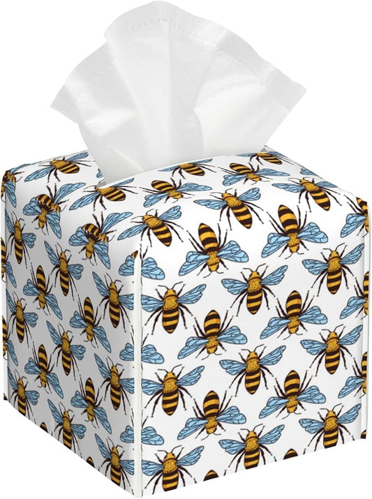 Honey Bee Tissue Box Cover Leather Tissue Box Holder Square Facial Paper Organizer Dispenser for Bathroom Kitchen Bedroom Vanity Countertop Night Stands