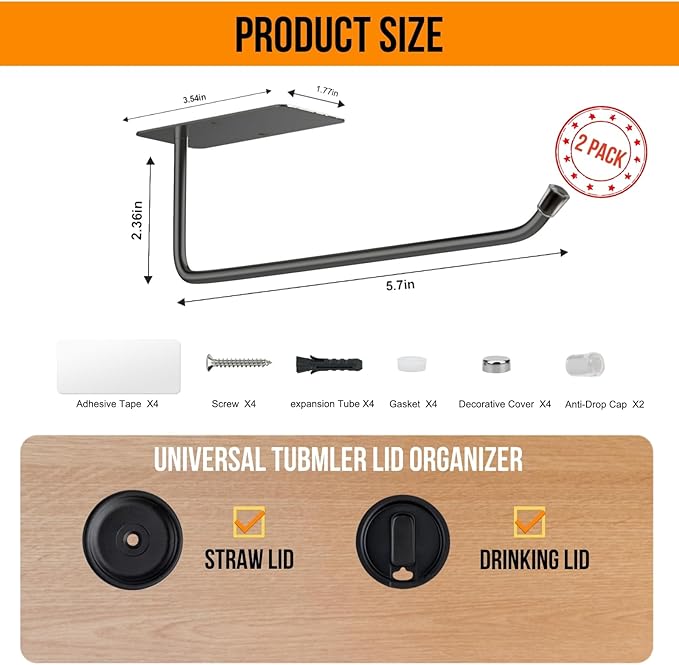 Tumbler Lid Organizer, Stainless Steel Tumbler Lid Holder, Self Adhesive or Drilling Tumbler Lid Storage Hook, Cup Lid Organizer for Owala Yeti Stanley Simple Modern Tumbler Lids (2, Black)