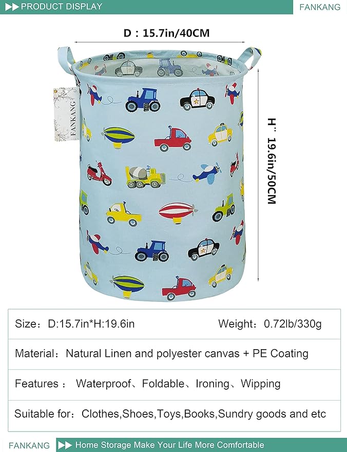 FANKANG Storage Basket, Nursery Hamper Canvas Laundry Basket Foldable with Waterproof PE Coating Large Storage Baskets for Kids Boys and Girls, Office, Bedroom, Clothes,Toysï¼Carï¼
