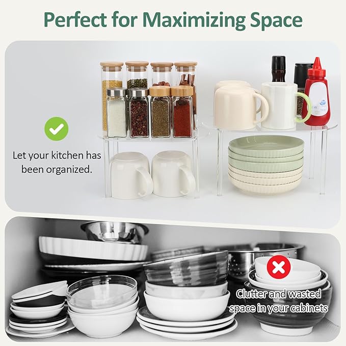 Clear Kitchen Cabinet Organizer, Acrylic Shelves Set of 2 Stackable Counter Shelves, Pantry & Countertop Storage, Space-Saving Bathroom/Desk Organizer