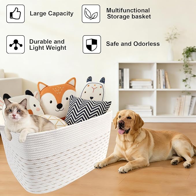 Magazine & Newspaper Baskets,65L Large Woven Rope Blanket Basket,21"x16"x12"Storage Bin with Handle,Toys Storage,Laundry Basket for Home Organization/Living Room/Nursery/Bedroom,White&Yellow