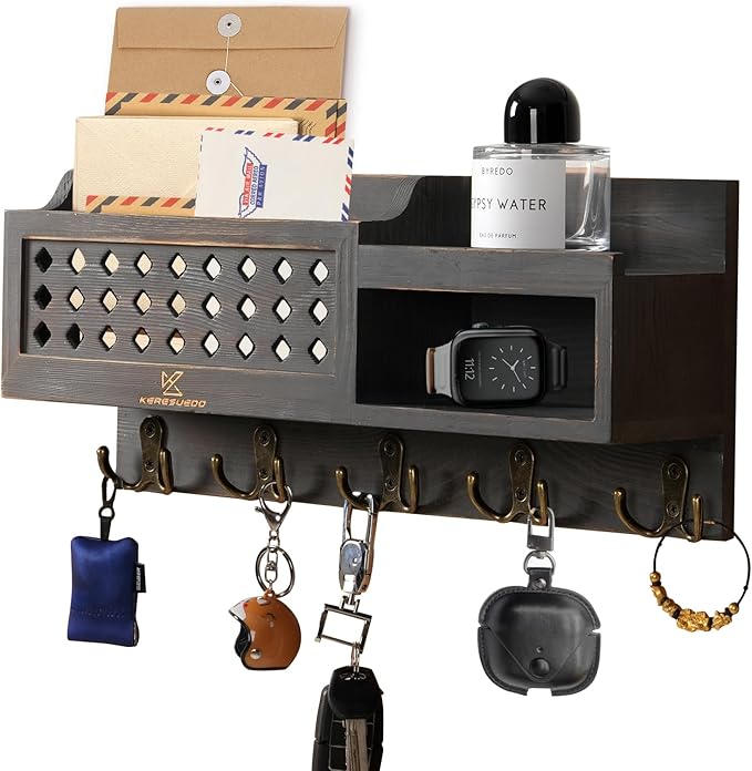 Key and Mail Holder Wall Mount - Mail Organizer Wall Mounted with Hooks and Storage Box, Key Rack for Entryway, Wall Mail Organizer for Home, Modern Farmhouse Decor, Easy Install Key Hanger (Black)