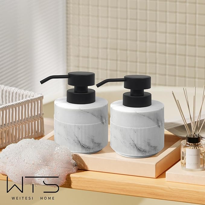 2pcs/Set 12.5oz Marble White Hand Soap Dispenser Sets, Resin Liquid Soap Dispenser with Rust Proof Pump for Bathroom Countertop, Kitchen Refillable Liquid Bottle for Lotion, Body Wash