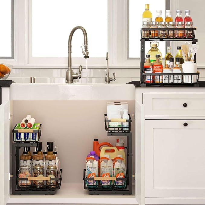 2 Pack Under Sink Organizer Cabinet for Kitchen Bathroom, 2 Tier Metal Slide Out Under Sink Drawers, Adjustable Height, Under Sink Pull Out Organizers and Storage, Black, 13.7" H-17 H