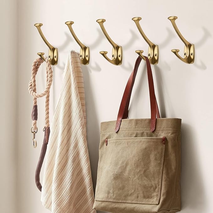 2 Pack Brushed Brass Satin Brass Hooks Decorative Heavy Duty Solid Large Coat Hooks for Towel Hanging Coats Robe Wall Mounted Towel Bags Door Back Bathroom Wall Hook.