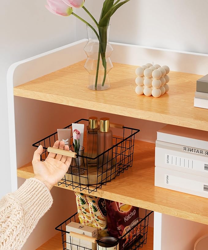 Wire Basket with Wooden Handle, Metal Utility Storage Basket for Organizing Kitchen Pantry Cabinets, Closet and Garage Shelves Drawers, Office Metal Basket Storage Organizer with Handle (Black 4 Pack)