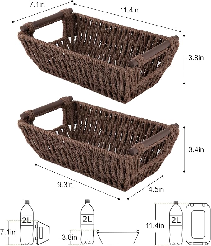 OIAHOMY Small Storage Baskets, Paper Rope Wicker Organizers with Wooden Handles, Baskets for Organizing, 2-Pack, Brown