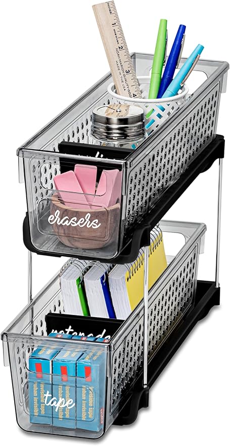Madesmart Mini 2-Tier Plastic Multipurpose Organizer with Divided Slide-Out Storage Bins, Compact Under Sink and Cabinet Organizer Rack, Carbon