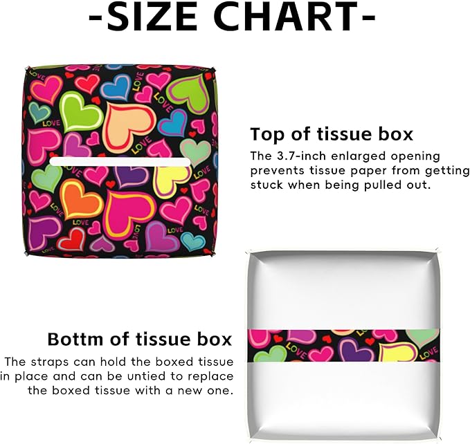 Rainbow Hearts Tissue Box Cover Square,Tissue Box Holder with Belt Bottom,Stylish Leather Napkin Holder for Vanity Countertop,Nightstands,Office Desk,5.2"Ã5.2"Ã5.2"