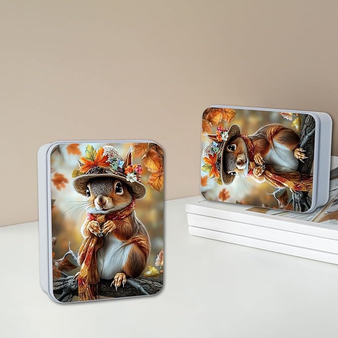 Metal Tin Box with Lid,Multi-functional Storage Large Box Can Store Tea Biscuits Game Cards, Playing & Tarot Cards-Comes with 4 Magnetic Cord Clips,Cute Squirrel Wearing Hat