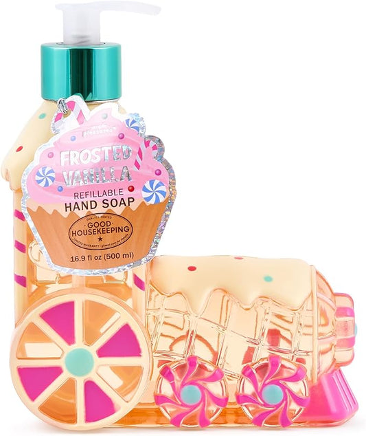 Simple Pleasures Gingerbread Train - Frosted Vanilla Scented Decorative Refillable Soap Dispenser for Kitchen Countertops and Bathroom Sinks