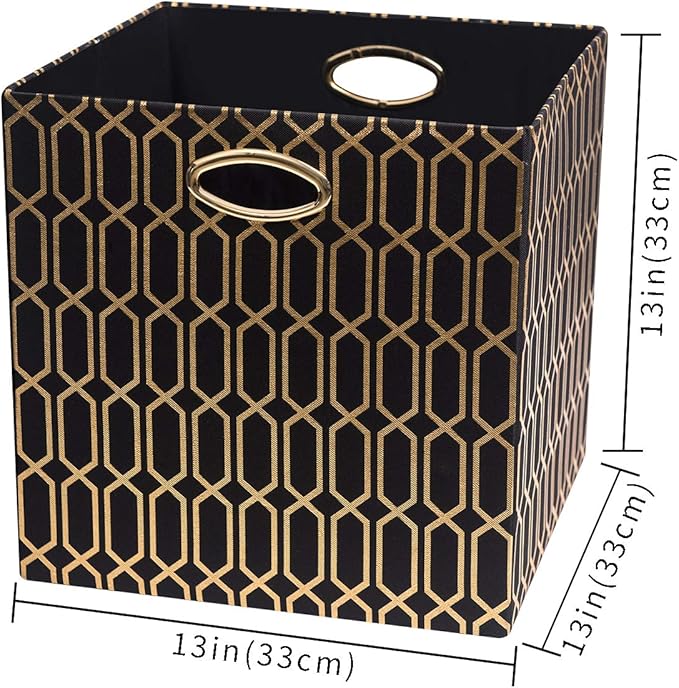 Posprica Storage Bins, Storage Cubes,13Ã13 Fabric Drawers Organizer Basket Boxes Containers (13Ã13Ã13/4pcs, Black/gold geometry Pattern)