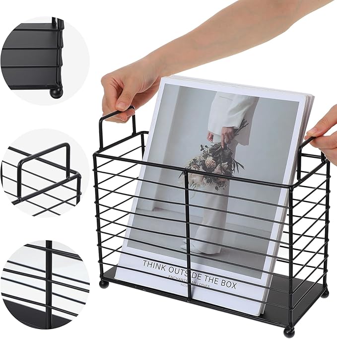 Metal Magazine Rack Floor, Wire Magazine Rack Storage Organizer with Handles - Iron Wire Black Folder Stand Holder for Home Office Bathroom Bedroom Living Room