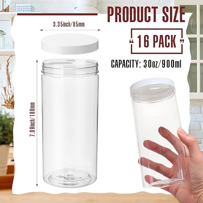 Dandat 16 Pack 30 oz Plastic Jars with Lids Plastic Mason Bottles Container Canister Wide Mouth Cylinders Kitchen Home Organize Storage for Dry Good, Spice, Honey, Candy, Peanut Butter(White)