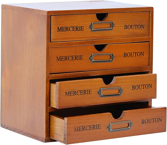 Stackable Apothecary Cabinet 4 Drawer Desk Organizer - Vintage Library Card Catalog Wood Storage Box - Office Desktop Dresser for Stationery, Thread Embroidery, Sewing, Crafts, Junk Drawer & Supplies