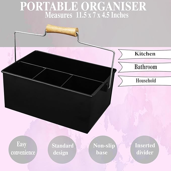 Alpha Living Home Heavy Duty Metal Alloy Utensil Silverware Caddy - 4 Compartment Flatware Organizer with Handle - Farmhouse Rustic Kitchen Storage for Countertop, Tabletop, Picnics & Parties (Black)