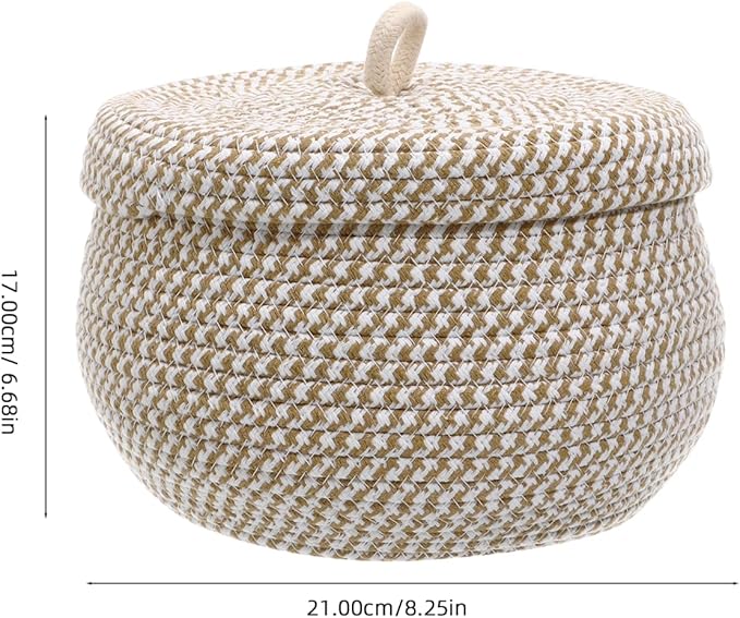 Small Cotton Rope Storage Basket with Lid, 8 inch Round Woven Covered Basket for Organizing, Decorative Lidded Baskets for Nursery Shelf, Boho Makeup Organizer for Vanity Countertop